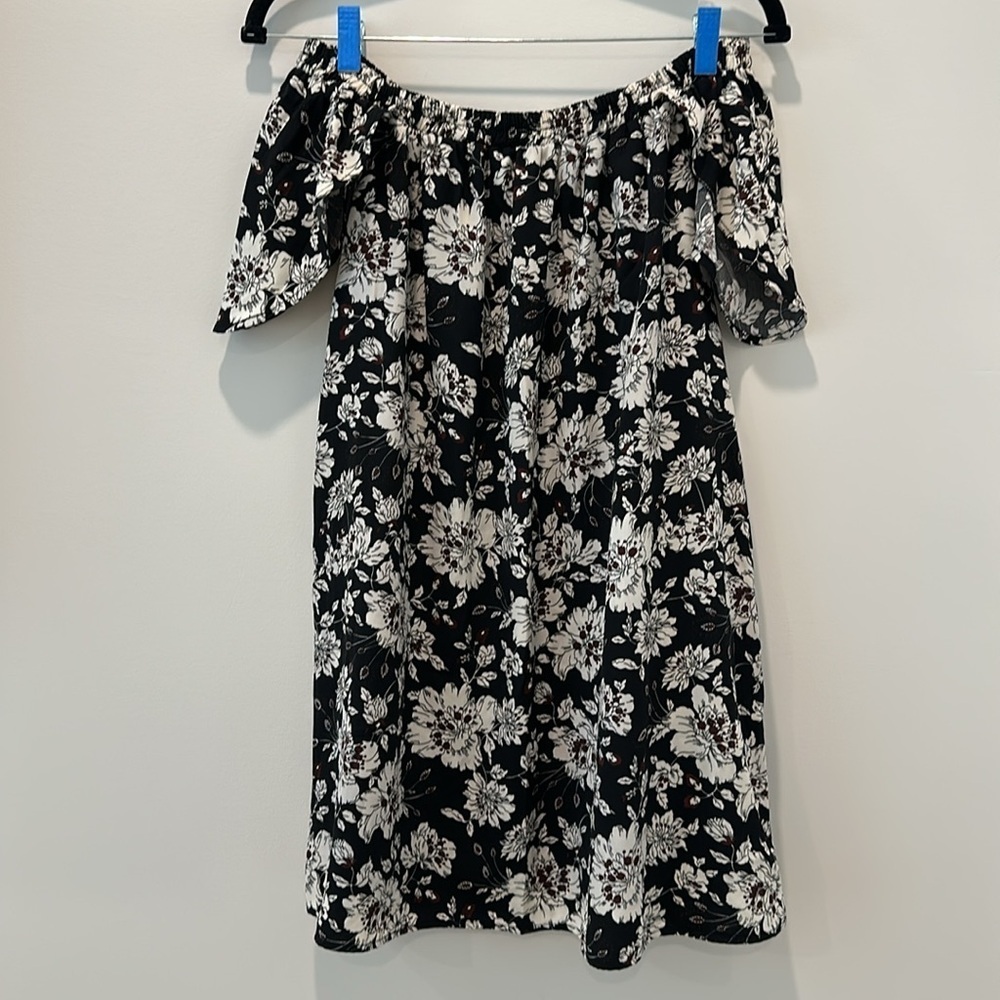 Fabrik Women’s Off The Shoulder Black Floral Mini Dress Flowery Babydoll Small - Picture 8 of 13